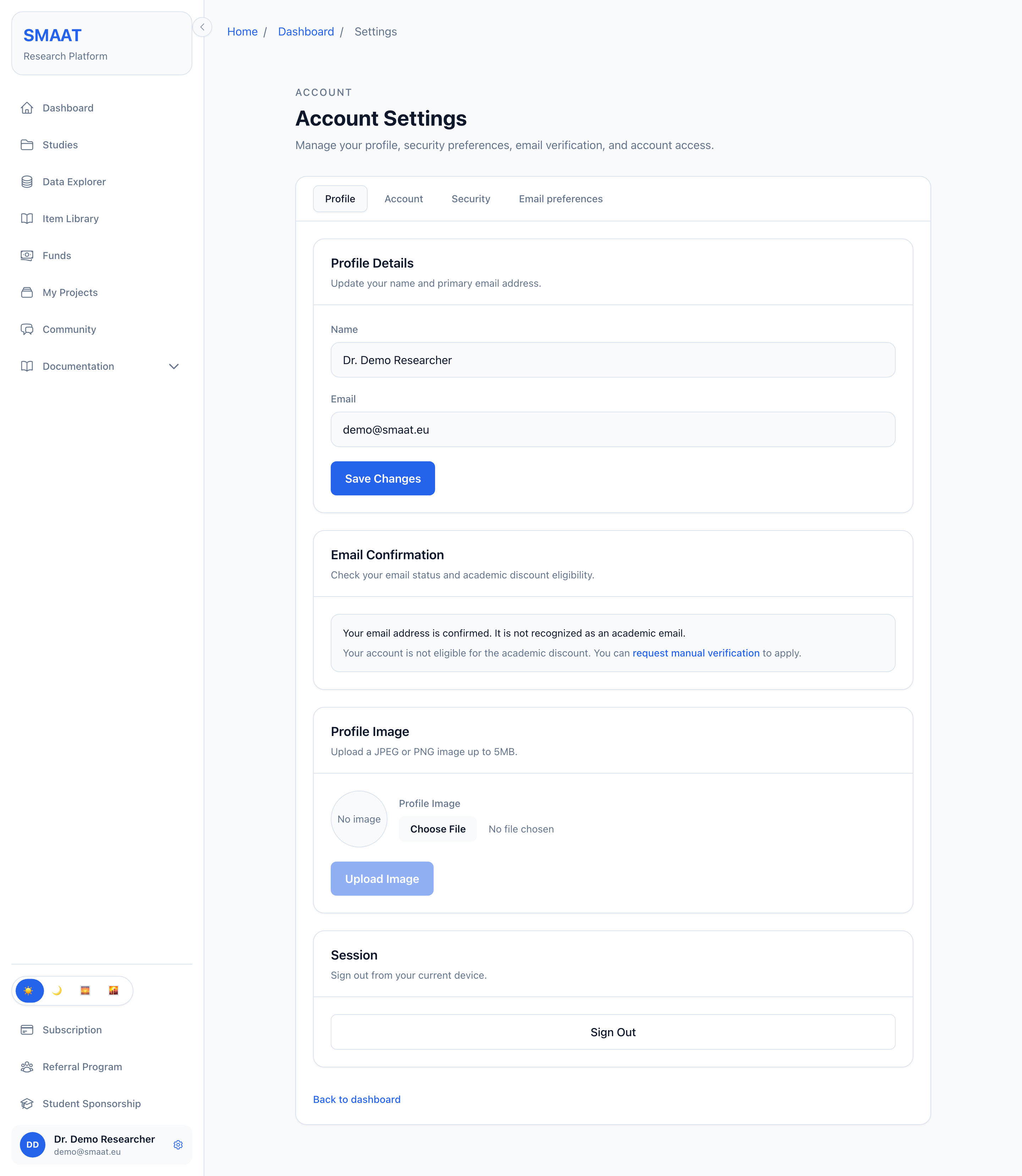 Account Settings page on the Profile tab, with the tabs Profile, Account, Security and Email preferences and the Profile Details section.