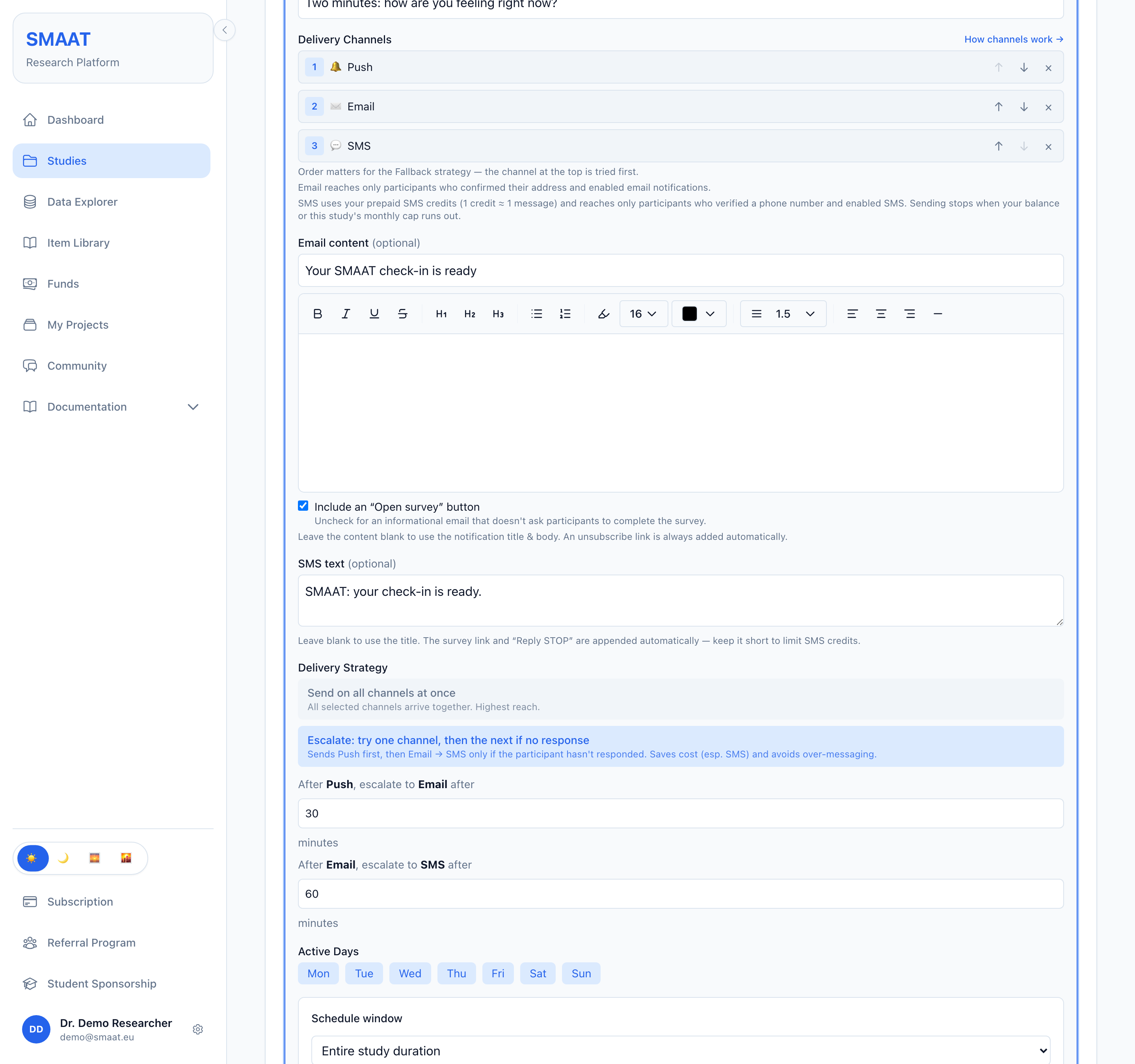 An expanded notification schedule in the Study Builder. The Delivery Channels list shows Push, Email and SMS as rows 1 to 3, Delivery Strategy is set to Escalate with two escalation-minute fields, and the Email content and SMS text fields are visible.