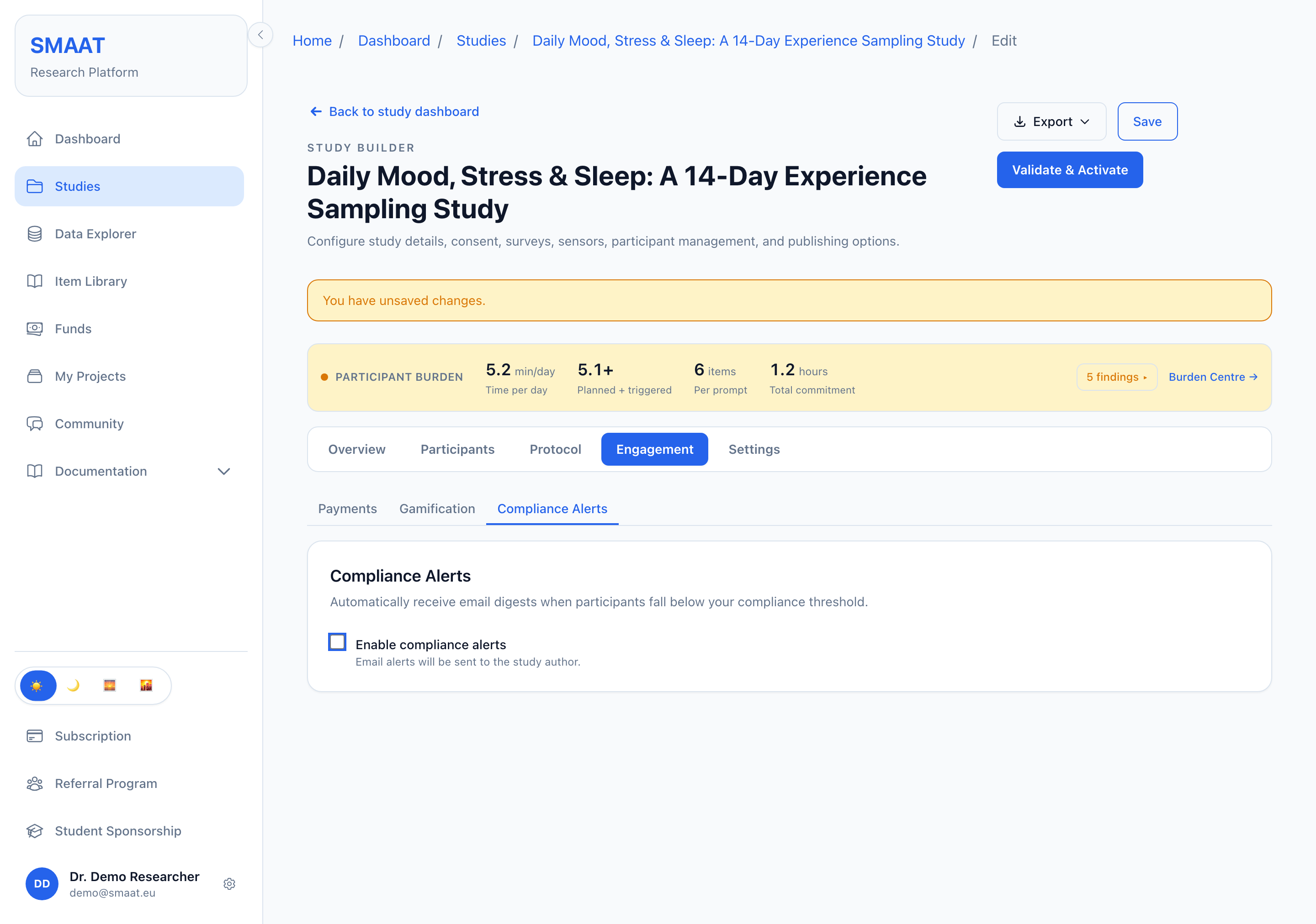 Compliance Alerts sub-tab with Enable compliance alerts ticked, the alert threshold slider, the look-back window, the minimum number of notifications and the alert frequency, followed by a summary of the alert rule.