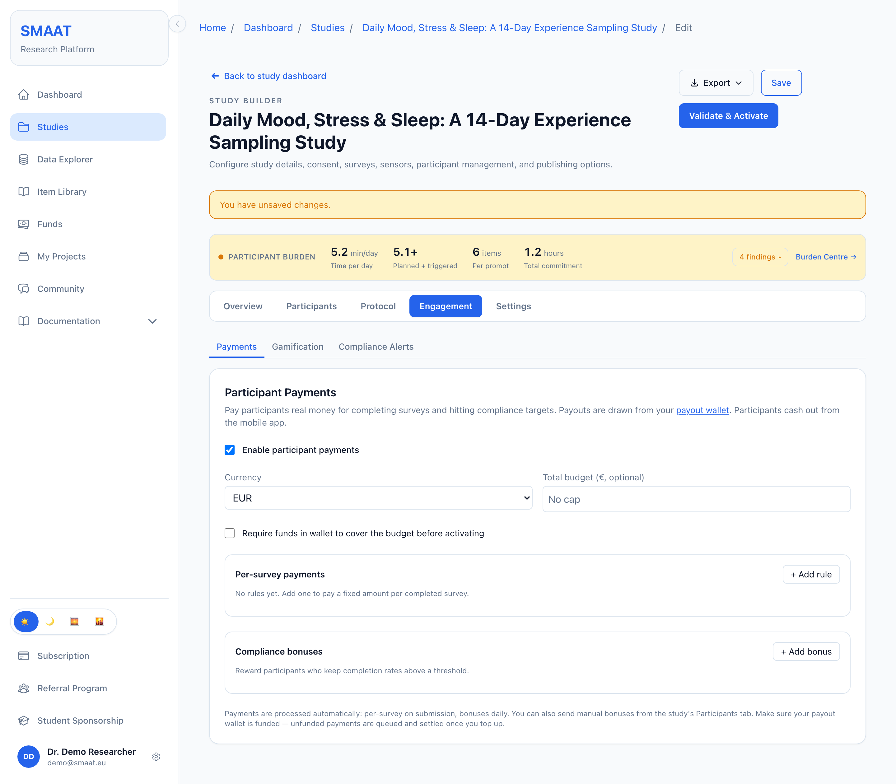 Payments sub-tab with Enable participant payments ticked, the currency and total budget fields, a per-survey payment rule and a compliance bonus row.
