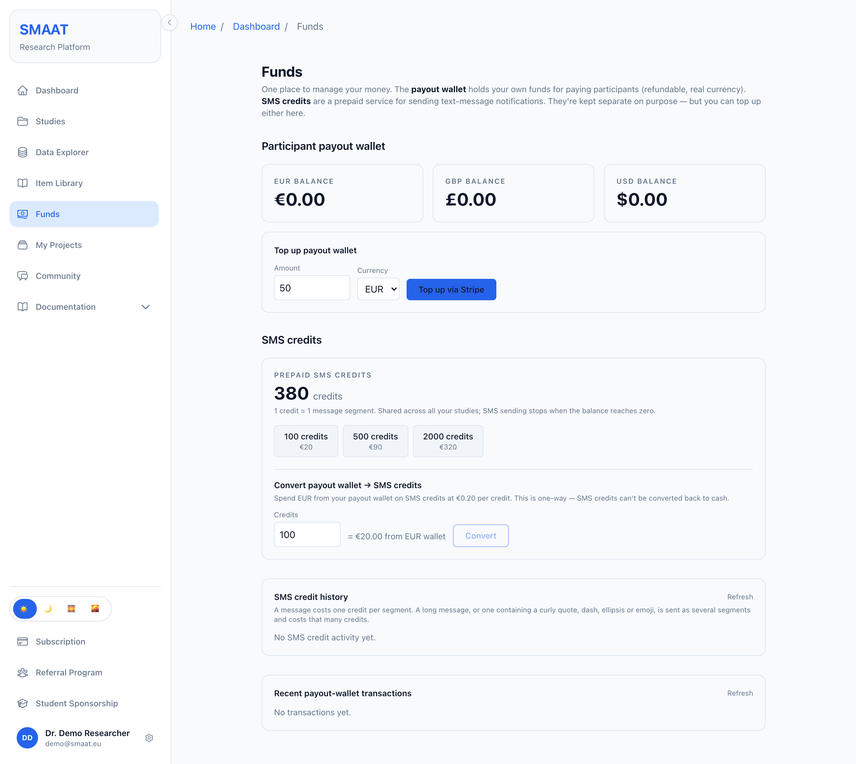 Funds page with the participant payout wallet balances in EUR, GBP and USD, the Top up payout wallet form, and the SMS credits balance with the 100, 500 and 2000 credit packs.